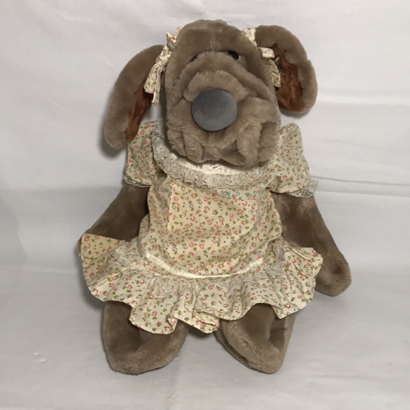 WRINKLES Ganz Brand Vintage Hand Puppet Girl Plush Dog 1981 Floral Dress 17" - Picture 2 of 11